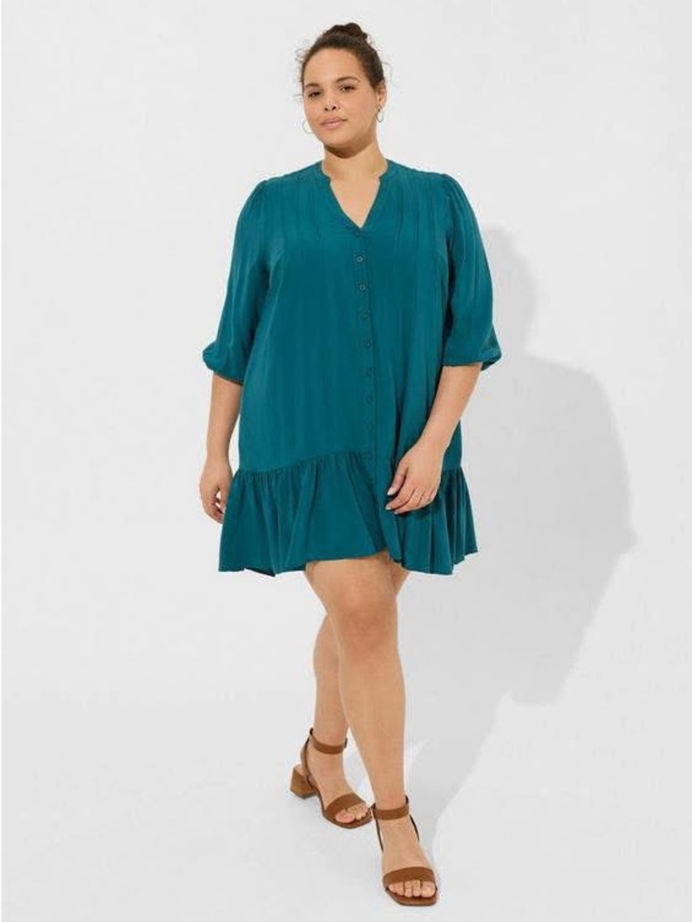 Torrid Teal Rayon Slub 3/4 Sleeve Trapeze Pleated Tiered Mini Shirt Dress